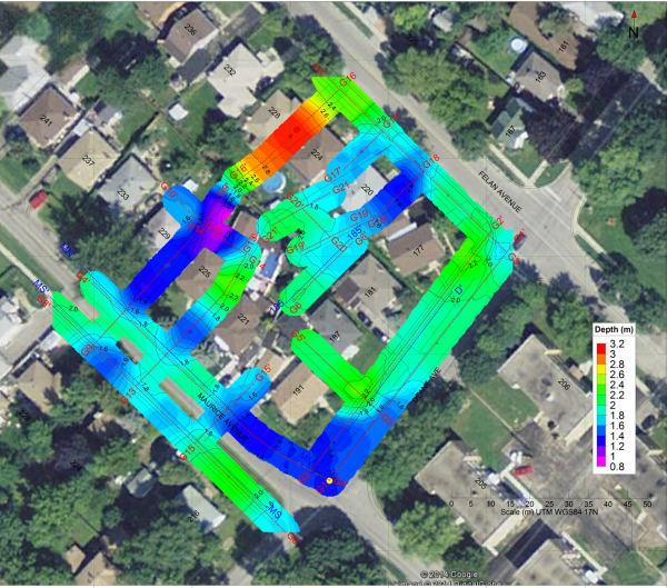 Informative Image showing a topographic view of a colour contour map for a project site where multiVIEW performed a Seismic geophysics survey. Colour shade from blue to green and to red, with the red areas indicating targeted features identified from the seismic geophysics survey performed on the site area. 