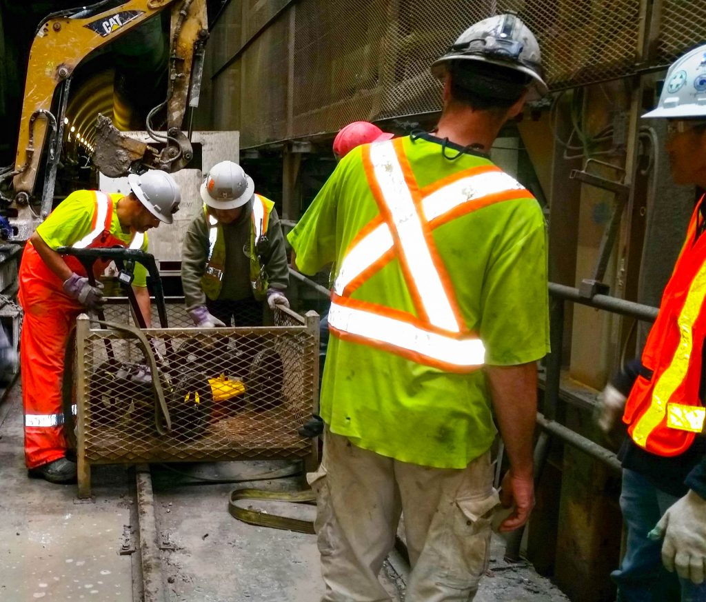 Informative Image showcasing technicians hauling in a Ground Penetrating Radar unit on a rail trolley to be used in the scanning of subsurface infrastructure within an underground transit tunnel.