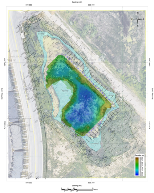 Informative Image showcases a 2D Elevation Colour Contour Grid Map that offers a topographic views of a lake investigation field data collected using Ground Penetrating Radar technology. 